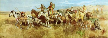 Indios americanos Painting - Las mujeres indias moviendo el campamento 1896 Charles Marion Russell Indios Americanos